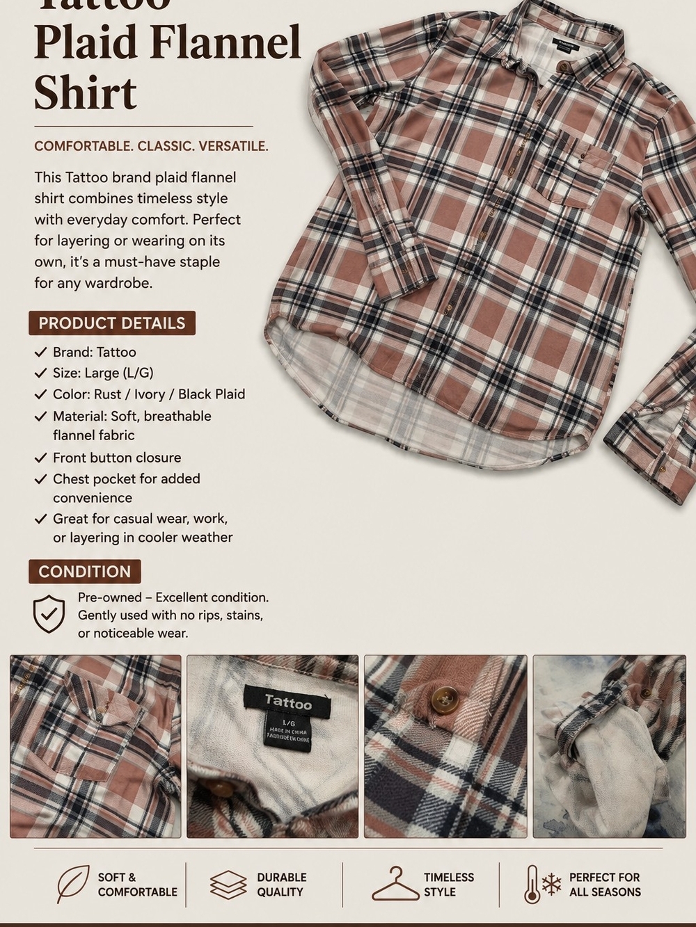 Rust Plaid Flannel Shirt - Men's Large